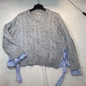 Anthropologie Cable Knit Sweater Womens Size Large Gray Side Inserts Preppy Acad